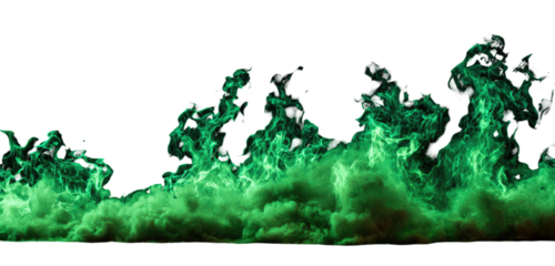 Abstract display of vibrant green flames and smoke against a black backdrop