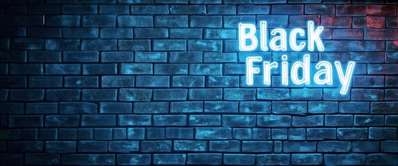 Fototapeta premium Bright Neon Sign Displays Black Friday on a Dark Brick Wall in a Retail Setting at Night.