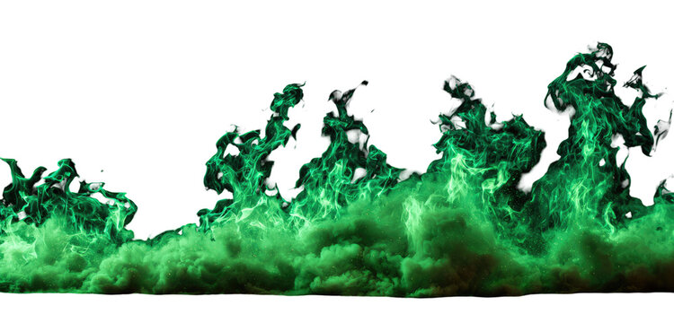 Abstract display of vibrant green flames and smoke against a black backdrop - Powered by Adobe