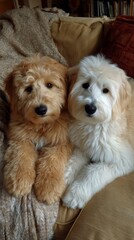 Two Adorable Puppies Sitting Closely Together on a Cozy Couch During a Sunny Afternoon