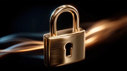 Golden padlock with glowing lines symbolizing secure data transfer on a dark background, ideal for cybersecurity themes.