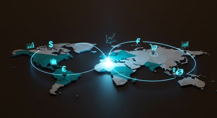 Global Financial Network - Illuminated World Map with Currency Symbols and Connections.