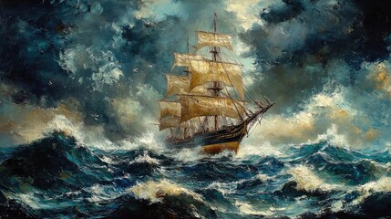 Dark clouds roll over a ship as it battles through towering waves. The sea is furious, but the vessel pushes forward. Epic struggle, nature's force.
