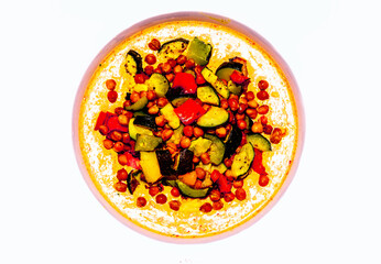 Grilled Vegetables with Chickpeas Served on a Creamy Garlicky Sauce