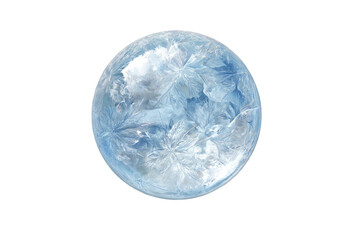 A frosted, icy sphere against black.  Detailed,  pale-blue crystalline patterns