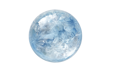 A frosted, icy sphere against black.  Detailed,  pale-blue crystalline patterns
