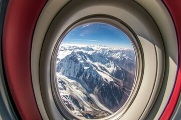 View of mountain peaks from airplane window. Mountains covered with snow travel, tourist destinations. landscape is serene and peaceful, with snow-capped peaks. adventures.