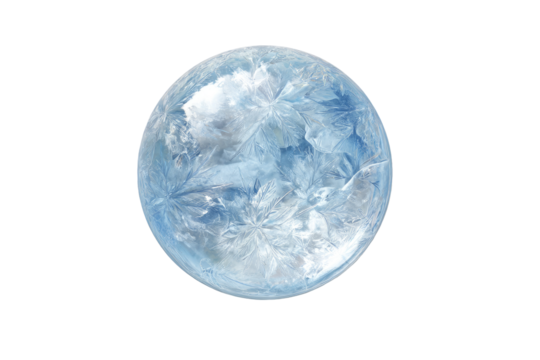 A frosted, icy sphere against black.  Detailed,  pale-blue crystalline patterns