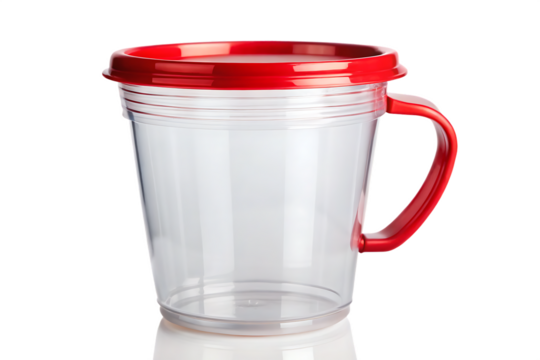 clear plastic cup with a red handle isolated on white background PNG, AI GENERATED - Powered by Adobe