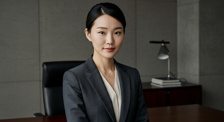Portrait of an asian woman in a dark suit sitting at a desk in a professional office setting
