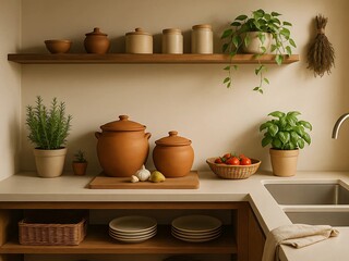 Fototapeta premium Modern eco-kitchen with clay pots, wooden shelves, herbs, and ambient daylight reflecting clean, slow living.
