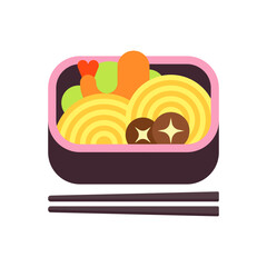 Japanese Bento Box with Ramen Noodles Shrimp Tempura Mushrooms and Vegetables