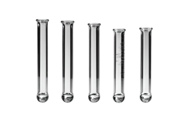 Five clear glass test tubes of varying heights, all cylindrical and rounded at the bottom.  One tube has markings