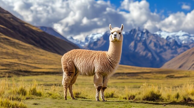Cute alpaca standing in mountain meadow with blue sky, perfect for travel and nature concepts. - Powered by Adobe