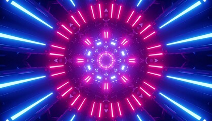 A vibrant, futuristic tunnel of light, featuring concentric circles of glowing, pink and blue neon lines, creates a mesmerizing, abstract design.