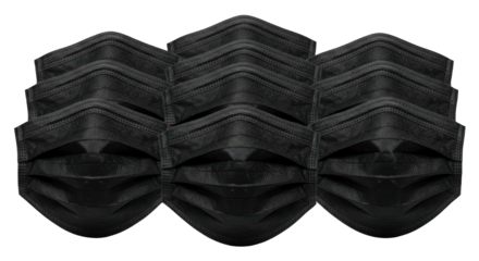 Piles of black pleated surgical masks, evenly spaced, against a black background