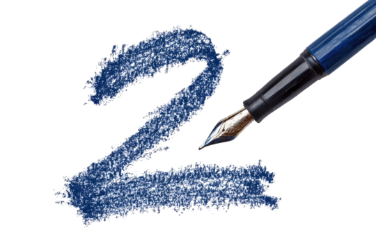 A dark blue, textured numeral "2" created with paint, with a fountain pen poised over it