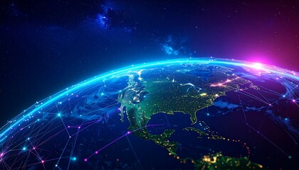 A vibrant representation of the interconnected global network, showcasing the Earth's illuminated cities and complex web of digital connections.