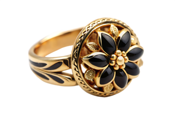  gold and black ring with a flower design isolated on white background PNG, AI GENERATED