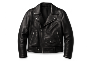 Stylish black leather jacket isolated on a transparent background, men's fashion apparel