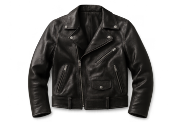 Classic black leather motorcycle jacket isolated on transparent background.