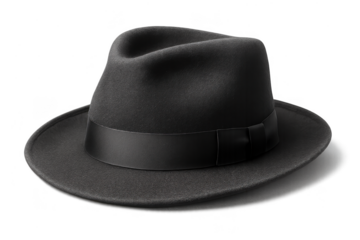 Classic stylish black fedora hat isolated on transparent background, elegant