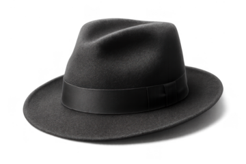 Stylish black fedora hat, classic headwear isolated on transparent background