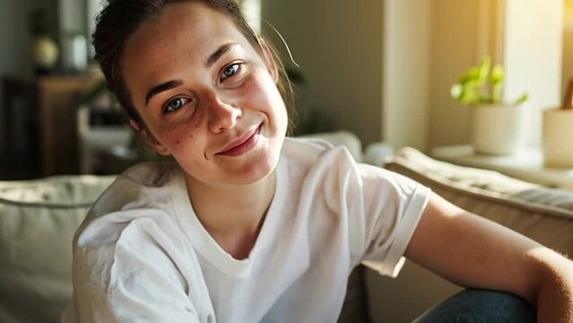 Woman with natural freckles smiling confidently with bare skin against soft neutral background with copy space