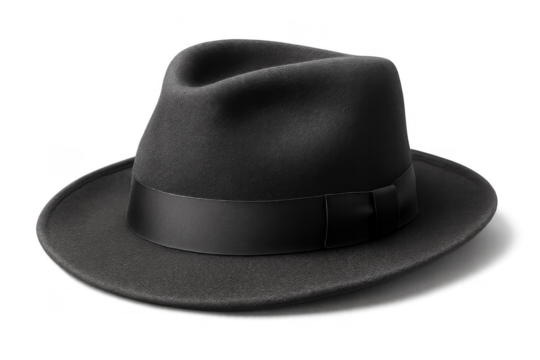 Classic stylish black fedora hat isolated on transparent background, elegant