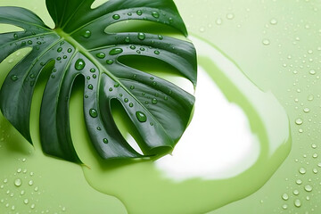A monstera leaf with water droplets on a light green surface with a puddle of liquid near the leaf