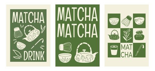 Matcha tea poster set in green retro design, featuring cups, teapots, and whisks. This set is ideal for cafes, tea shops, or designers creating promotional materials related to tea culture.