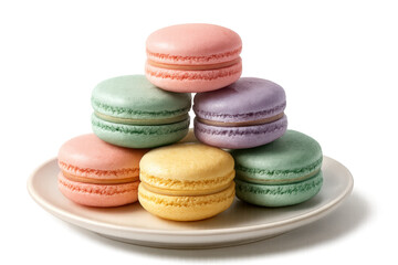 Obraz premium Sweet, pastel macarons stacked on plate, isolated on transparent background.