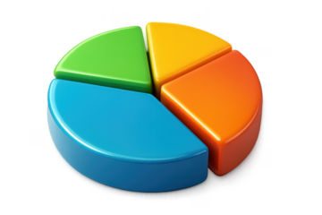 Colorful 3D pie chart with four distinct segments isolated on transparent background