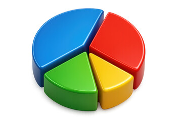 Vibrant 3D pie chart with four colorful sections isolated on transparent background.
