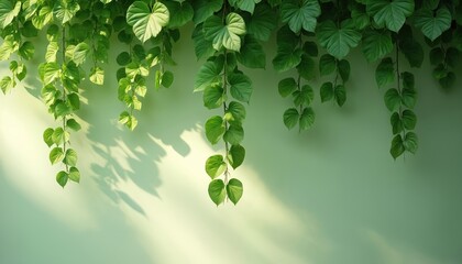 Green foliage cascades down pale green wall, dappled sunlight creating shadows, highlights on vibrant leaves. Natural, organic texture evokes serenity, growth, fresh botanical beauty, perfect for