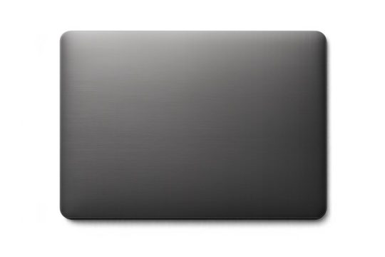 Closed modern laptop with dark brushed metal finish isolated on transparent background