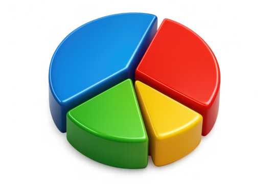 Vibrant 3D pie chart with four colorful sections isolated on transparent background. - Powered by Adobe