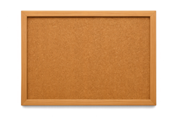Empty cork board with a natural wooden frame, isolated on transparent background