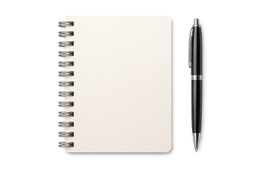Clean small spiral notebook with an elegant pen, isolated on transparent background.