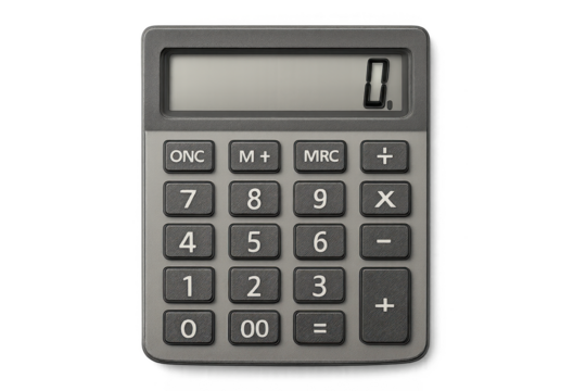Modern electronic calculator with digital display isolated on transparent background