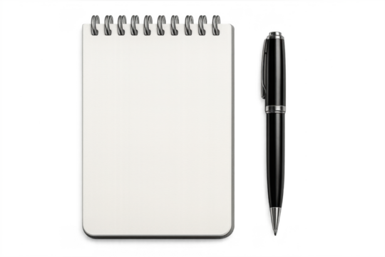 Small blank spiral notebook with a black pen isolated on transparent background