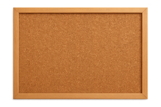 Empty cork board with wooden frame isolated on transparent background