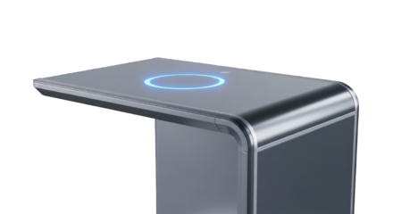 Sleek, curved metallic stand with a circular blue light against a dark background