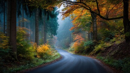 Autumnal forest road winding path
