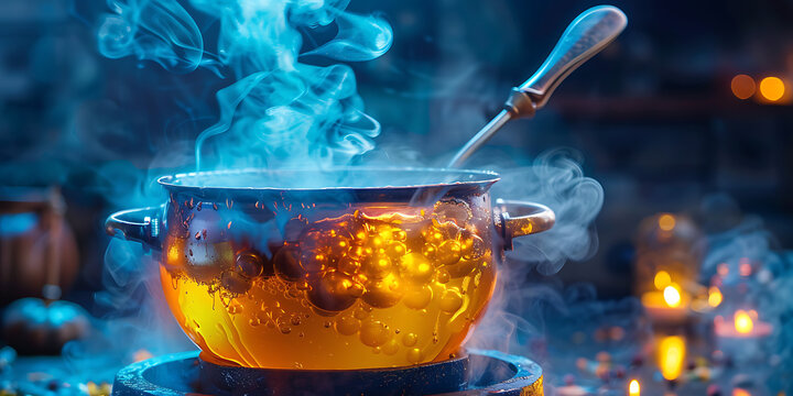"Steaming Pot with Golden Liquid and Spoon in a Mystical Ambiance"