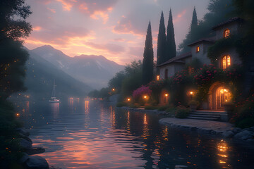 Enchanting lake como at sunset with mountains, villas illuminated by warm light, and reflections on the water, capturing the romantic atmosphere of italy