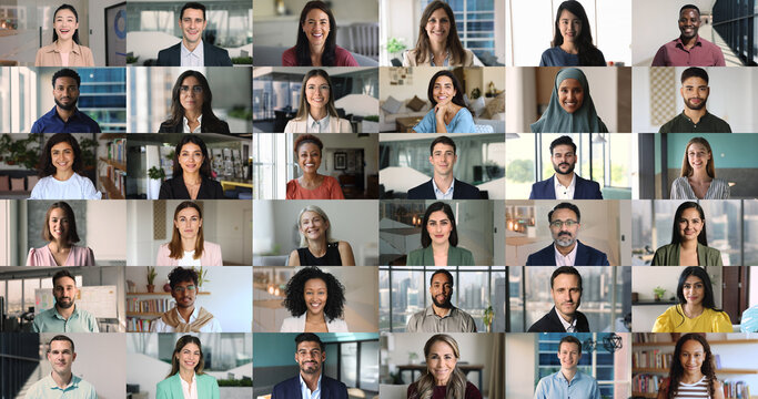 Collage of faces shown in multiple grids, group of men and women representing diversity, inclusion, global connectivity. Collaboration across cultures and industries. Professionalism, communication