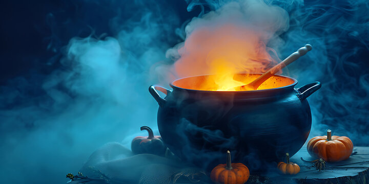 "Halloween Cauldron with Steaming Brew Surrounded by Pumpkins in a Misty Atmosphere"