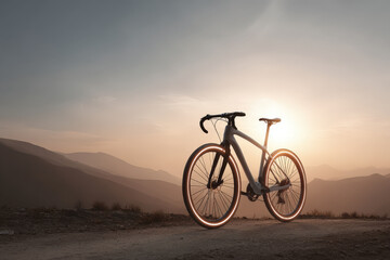 Fototapeta premium hightech bicycle against breathtaking sunset featuring augmented reality displaying tire pressure analytics