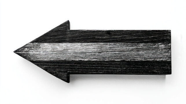 Black wooden arrow pointing left with white stripe symbolizing reverse direction navigation back strategy change decision alternative movement
